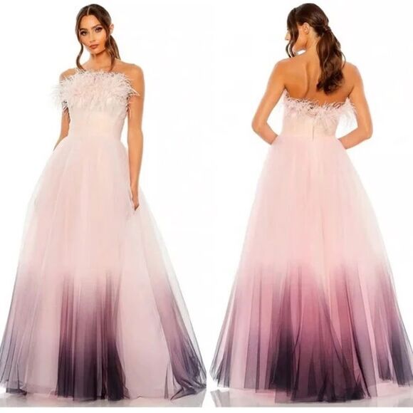 Mac Duggal 20557 STRAPLESS TULLE GOWN WITH FEATHER ACCENTS IN PINK OMBRE NWT - Picture 7 of 11